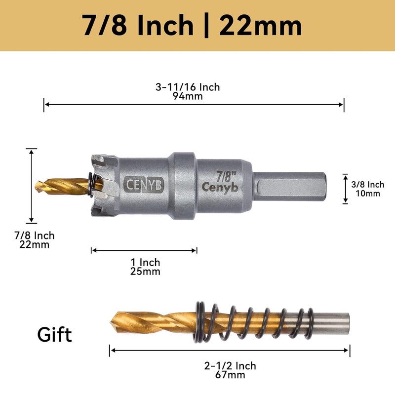 cenyb 7/8" (22mm) Tungsten Carbide Tipped Hole Saw with 2Pcs Titanium-Plated Pilot Drill Bits for Hard Metal,Stainless Steel,Iron,Aluminum Alloy,Wood and Plastic - Image 2